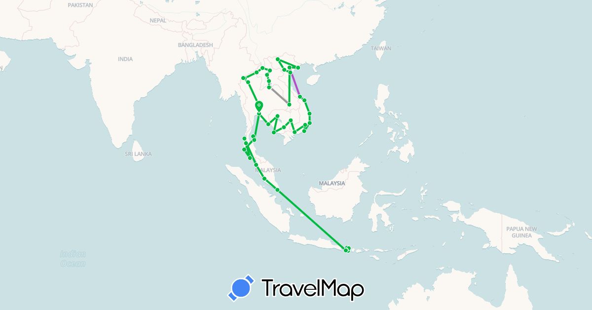 TravelMap itinerary: bus, plane, train in Indonesia, Cambodia, Laos, Malaysia, Singapore, Thailand, Vietnam (Asia)